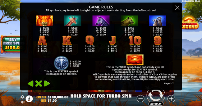 savannah legend paytable paytable