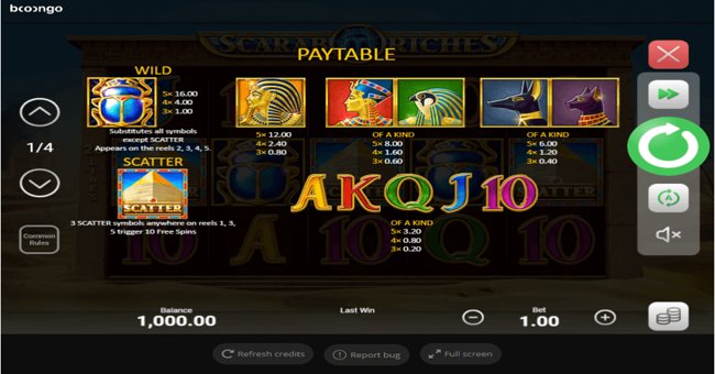 scarab riches paytable paytable