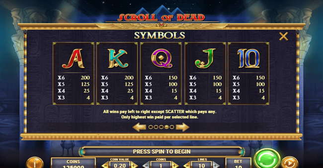 scroll of dead paytable 2 paytable