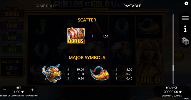 shields of gold valkyrie hold and win paytable 1 paytable