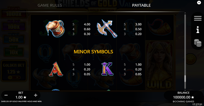 shields of gold valkyrie hold and win paytable 2 paytable