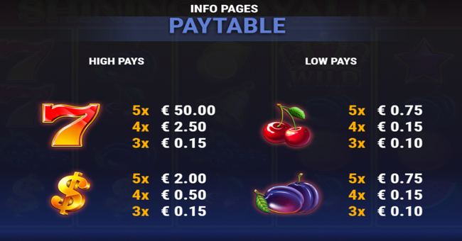 shining royal 100 paytable 1 paytable