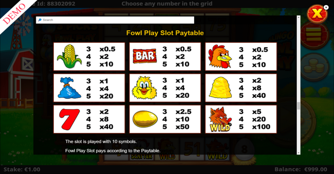 slingo fowl play paytable paytable