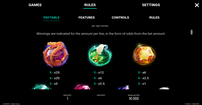 snake gems paytable 1 paytable