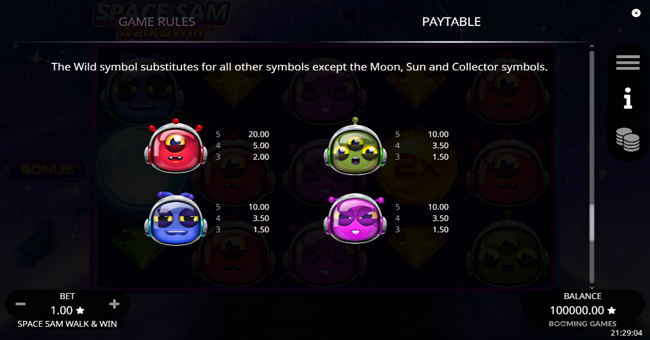 space sam walk and win paytable 1 paytable