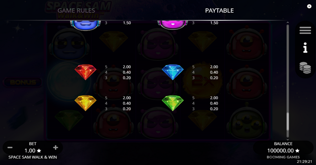 space sam walk and win paytable 2 paytable