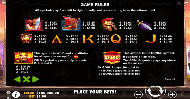 spartan king 1 paytable