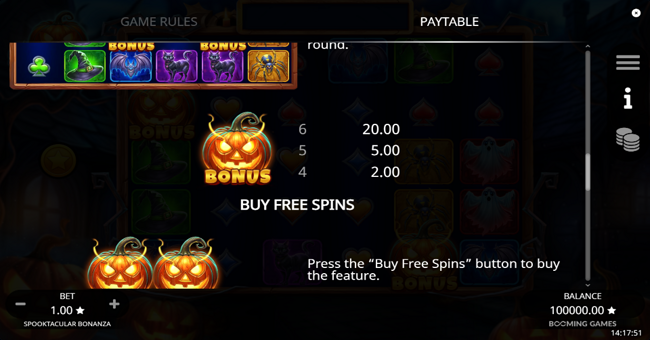 spooktacular bonanza paytable 1 paytable