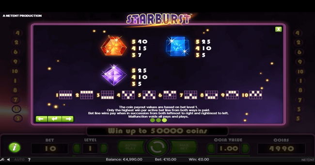 starburst 3 paytable