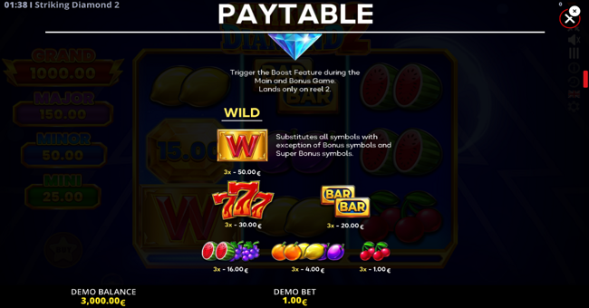 striking diamond 2 running wins paytable paytable