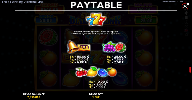 striking diamond link running wins paytable paytable
