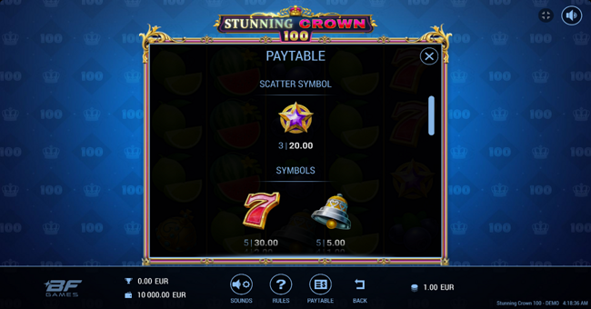 stunning crown 100 paytable 3 paytable