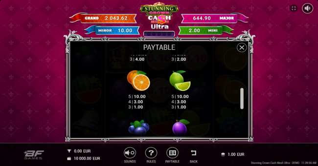 stunning crown cash mesh ultra paytable 3 paytable