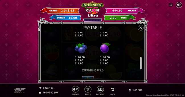 stunning crown cash mesh ultra paytable 4 paytable