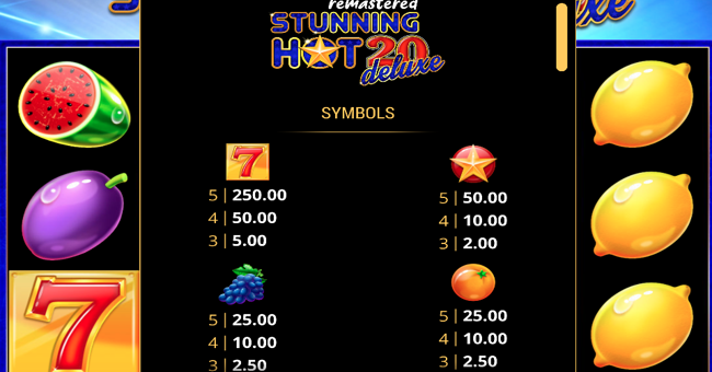 stunning hot 20 deluxe remastered paytable 1 paytable