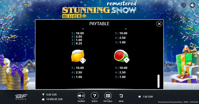 stunning snow remastered dice paytable 5 paytable