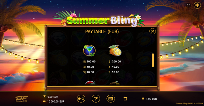 summer bling paytable 3 paytable