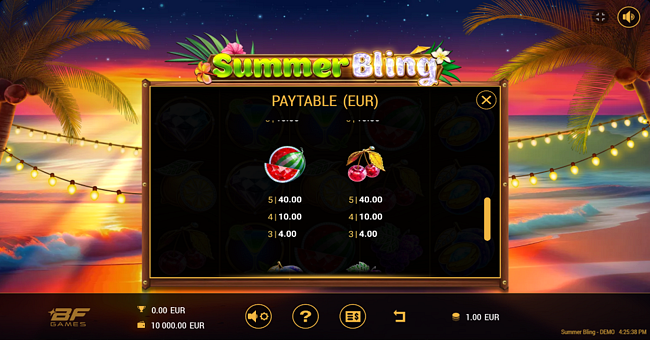 summer bling paytable 4 paytable