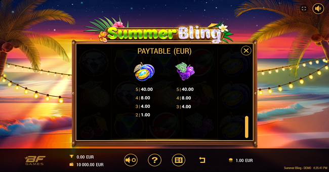 summer bling paytable 5 paytable