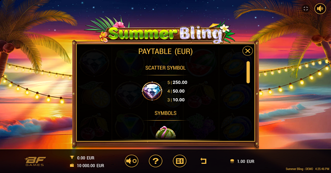 summer bling paytable 6 paytable