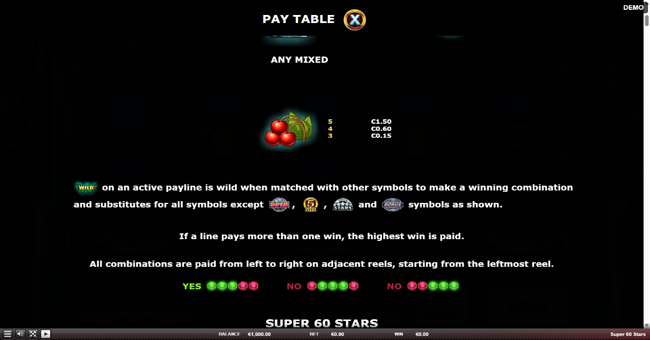 super 60 stars paytable 2 paytable