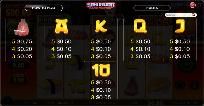 sushi delight rapid feature paytable 2 paytable