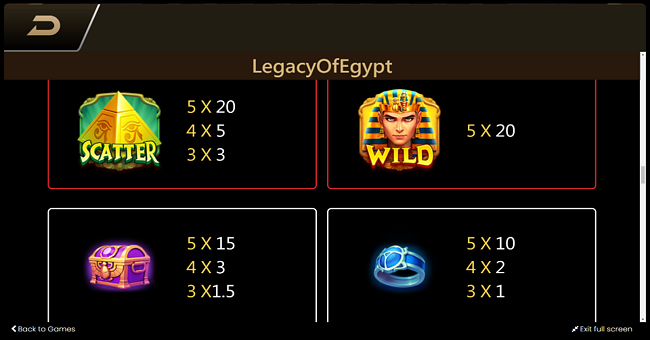 tada gaming legacy of egypt paytable 1 paytable