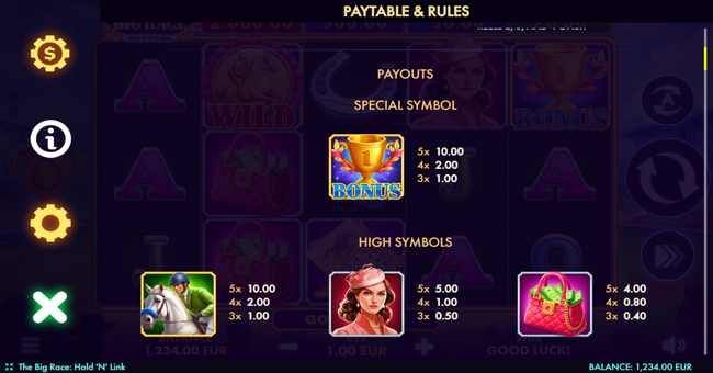 the big race hold n link paytable 1 paytable
