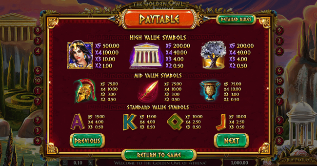 the golden owl of athena 1 paytable