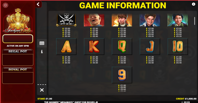 the goonies megaways quest for riches paytable paytable