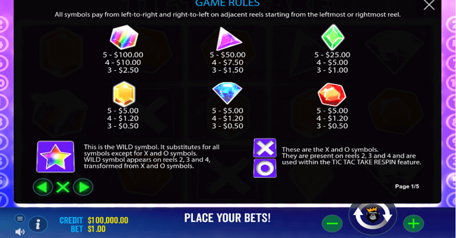 tic tac take 1 paytable