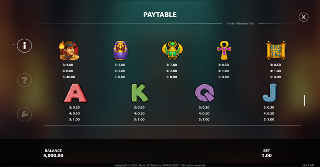 tomb of mystery paytable paytable