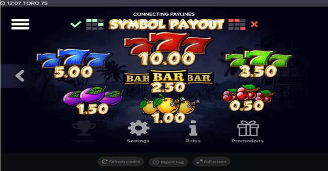 toro 7s paytable paytable