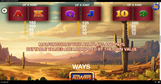 toro azabache blitz paytable 2 paytable