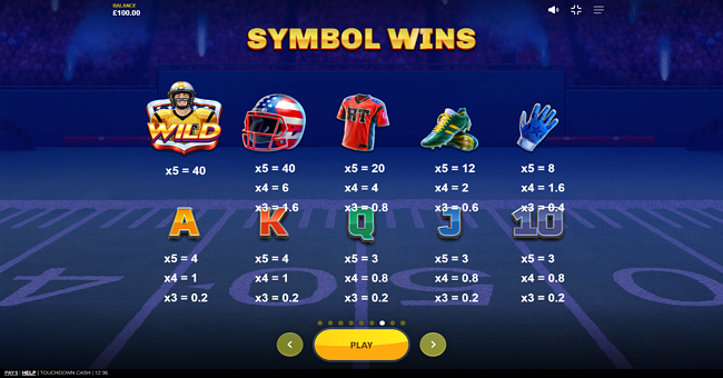 touchdown cash paytable paytable