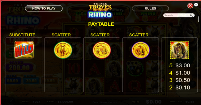 triple troves rhino paytable 1 paytable