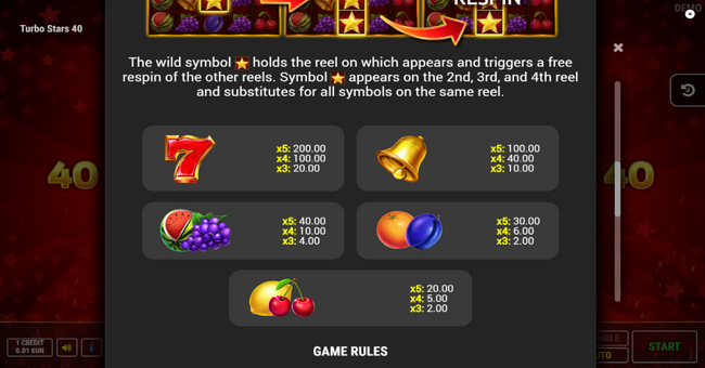turbo stars 40 paytable paytable