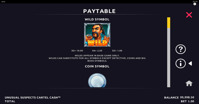 unusual suspects cartel cash paytable 1 paytable