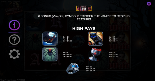 vampires secret treasures paytable 2 paytable