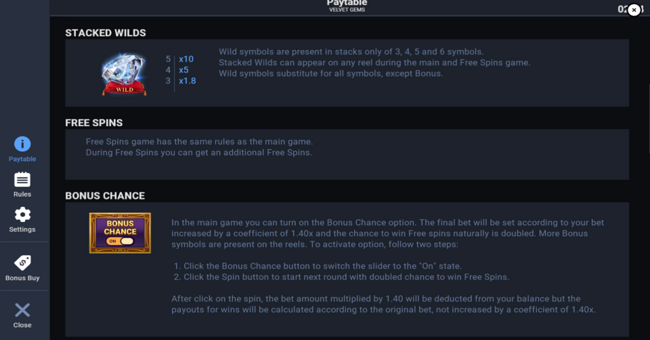 velvet gems paytable 2 paytable