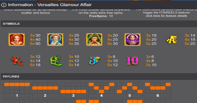 versailles glamour affair paytable paytable