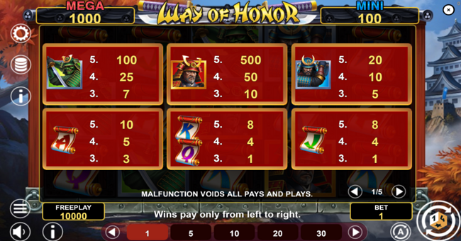 way of honor hold and win paytable 1 paytable