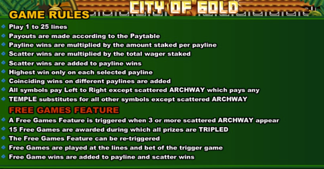 wgs city of gold paytable 2 paytable