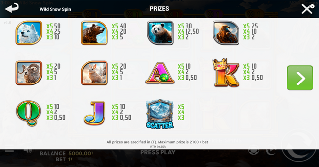 wild snow spin paytable paytable