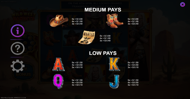 wild west bandits paytable 2 paytable