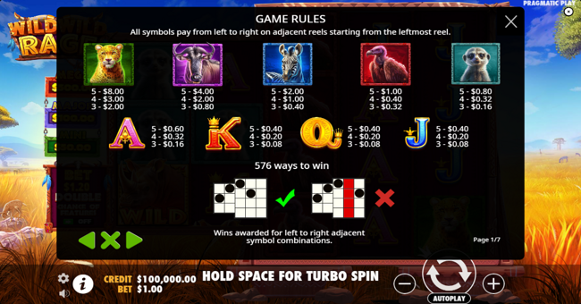 wild wild rage paytable paytable