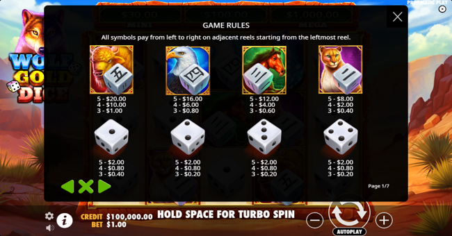 wolf gold dice paytable 1 paytable