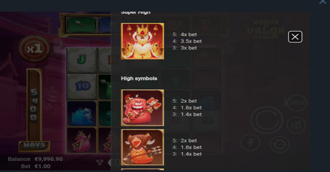 worms of valor paytable 1 paytable