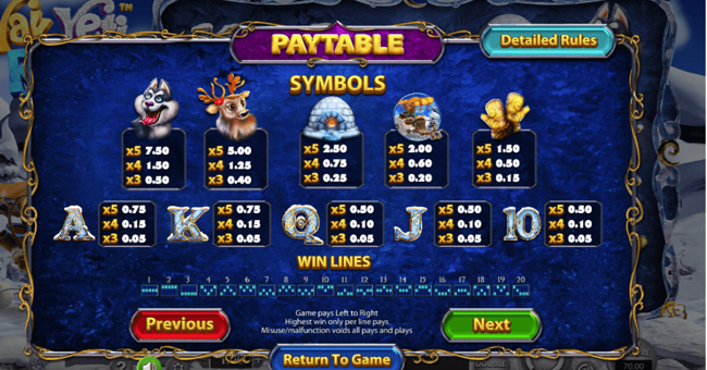 yak yeti and roll 1 paytable
