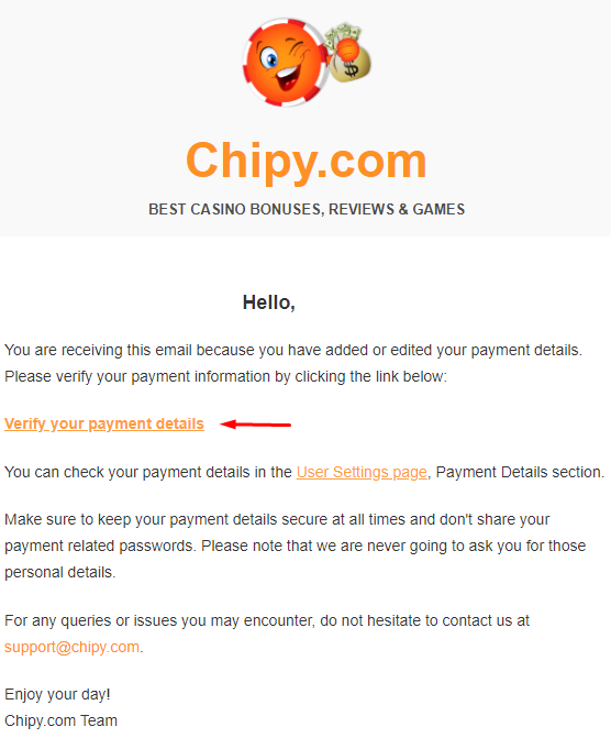 Verificación de correo electrónico del método de pago Chipy